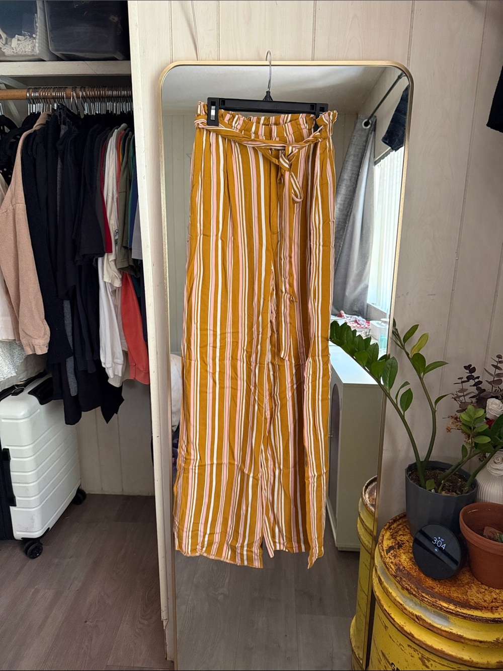 Forever 21 Striped Mustard High-Waist Wide Leg Pants with Tie